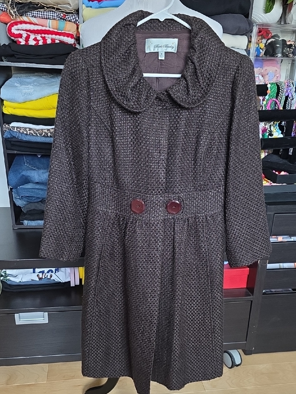 Brown Textured A-Line Coat Dress with Peter Pan Collar -